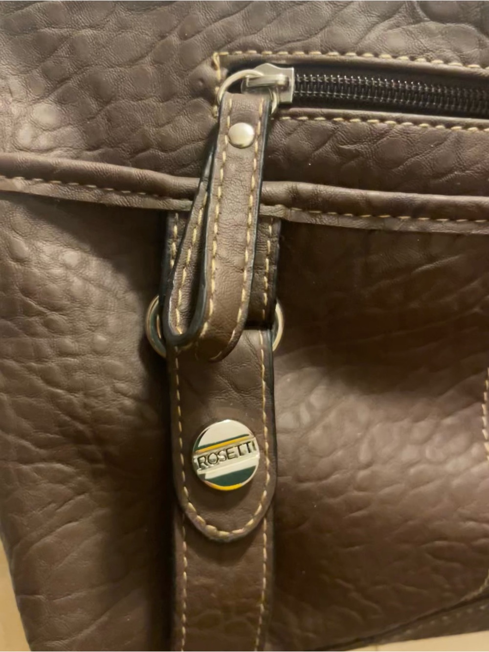 Rosetti Dark Brown Faux-Leather Messenger Bag with Stitch Detail